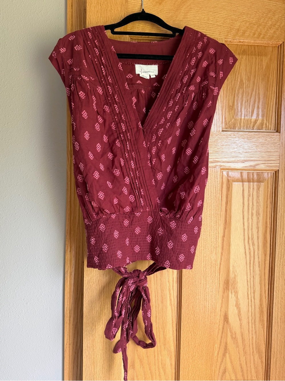 Anthropologie Tie-Smocked Waist Surplice Blouse XL 100% Cotton Red Motif